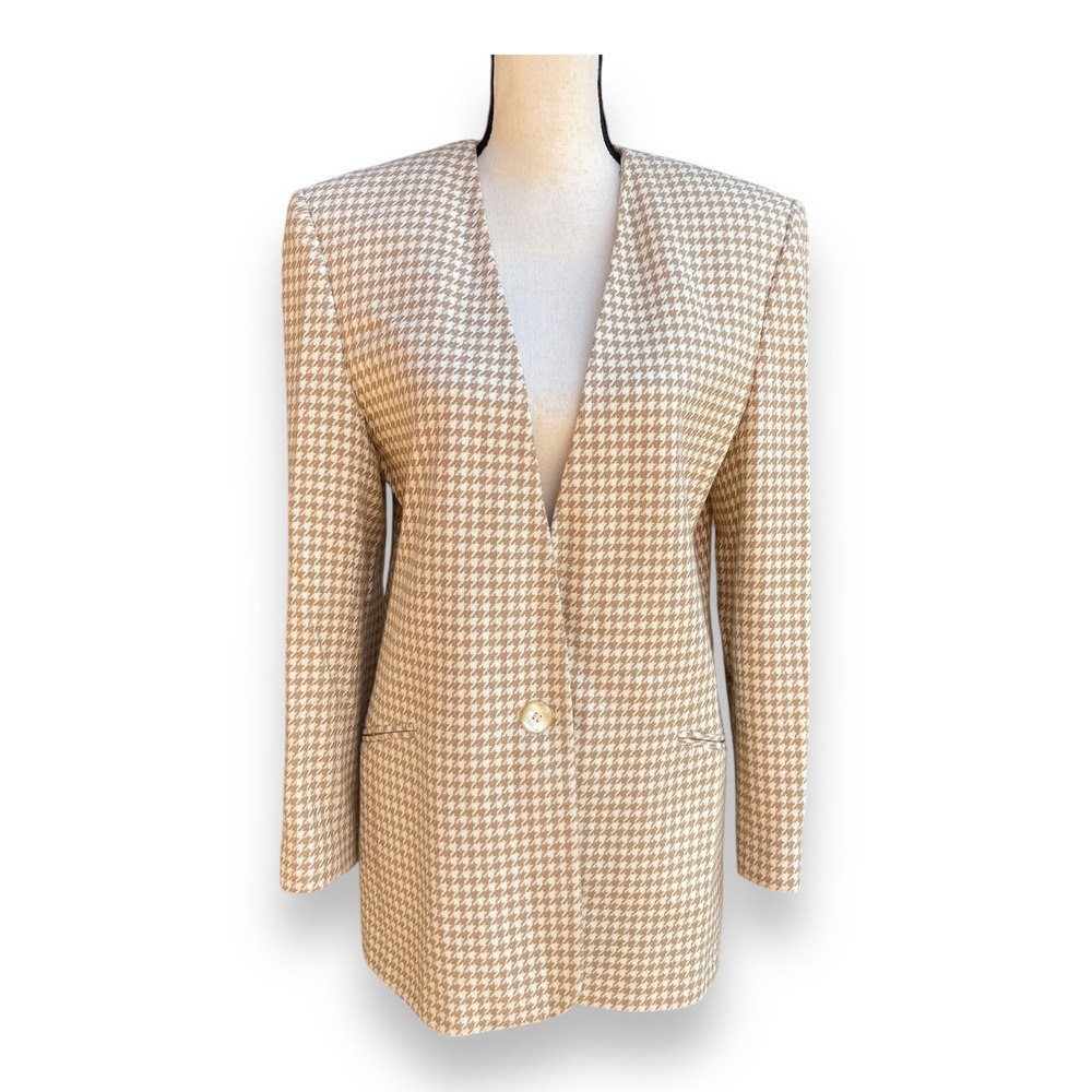 JH Collectibles Vintage Houndstooth Blazer Tan Cream Wool Blend‎ Made in USA 8